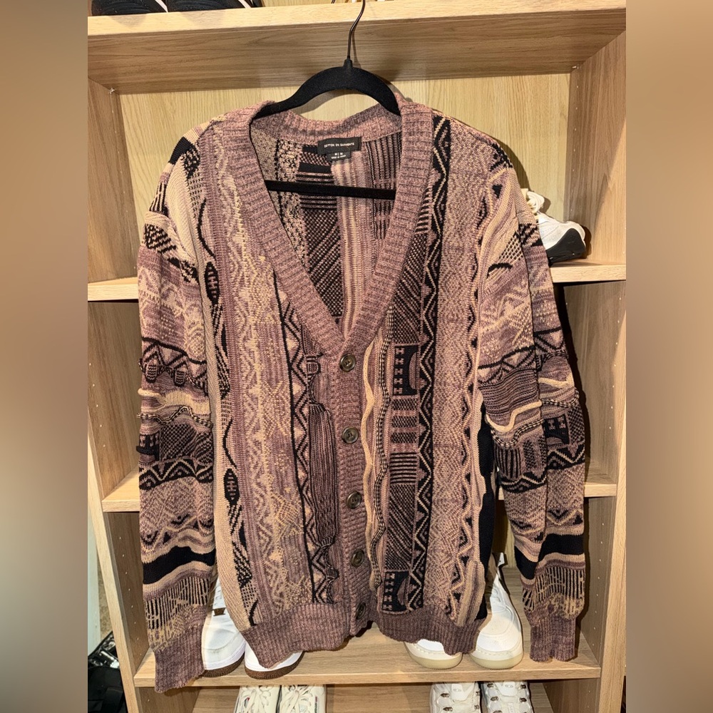 Unisex Patterned Button-Up Sweater Cardigan - Pink